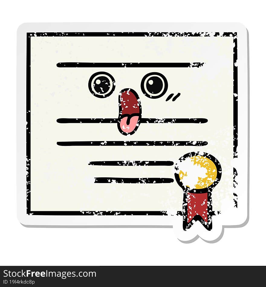 distressed sticker of a cute cartoon graduation diploma