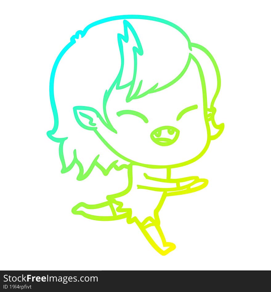 cold gradient line drawing of a cartoon laughing vampire girl running