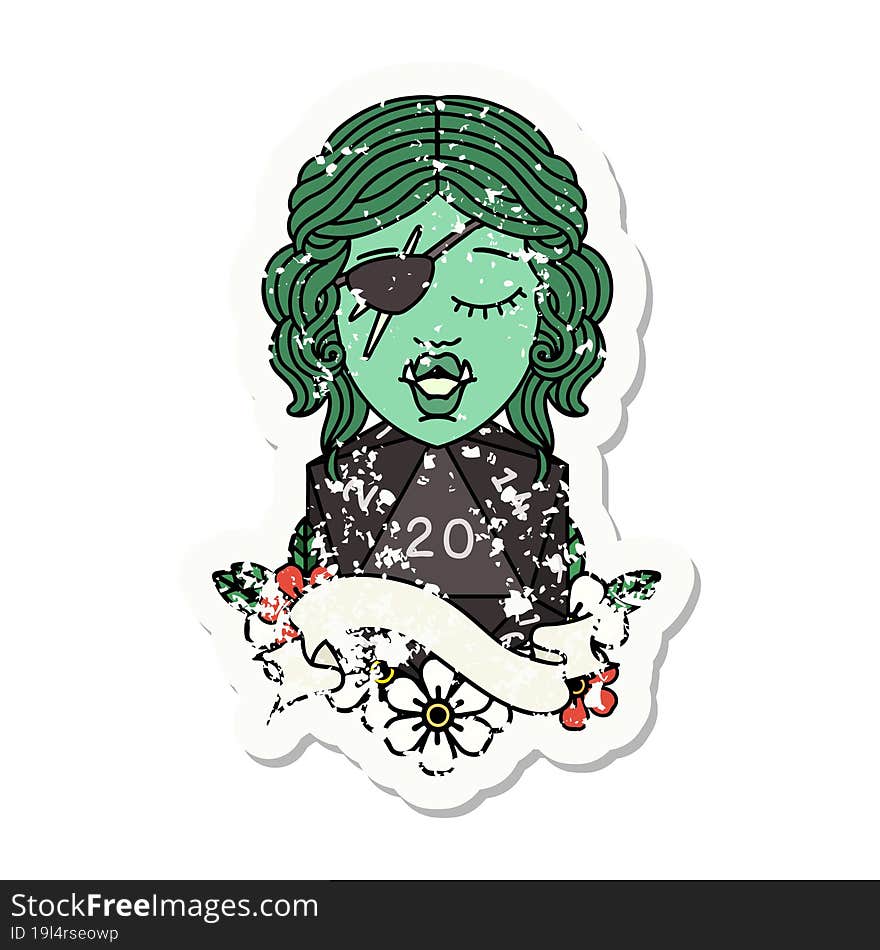 grunge sticker of a half orc rogue with natural twenty dice roll. grunge sticker of a half orc rogue with natural twenty dice roll