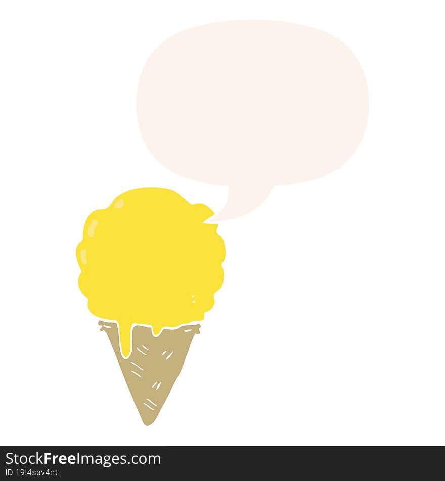 cartoon ice cream with speech bubble in retro style