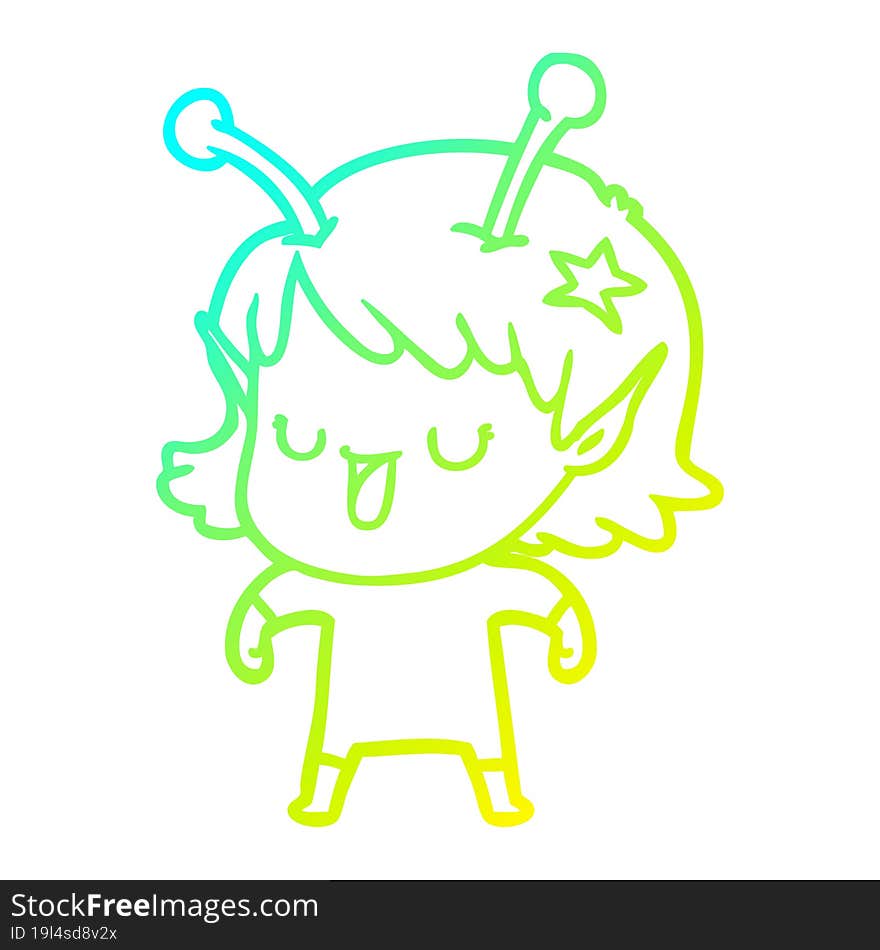 Cold Gradient Line Drawing Happy Alien Girl Cartoon