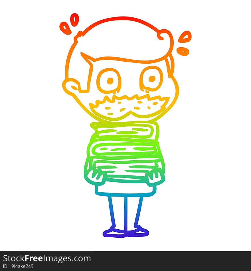 rainbow gradient line drawing cartoon man with mustache and books