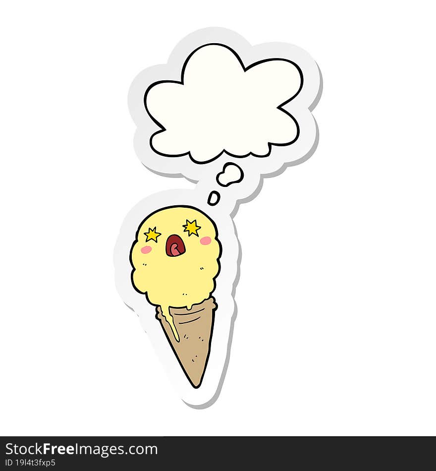 cartoon shocked ice cream and thought bubble as a printed sticker