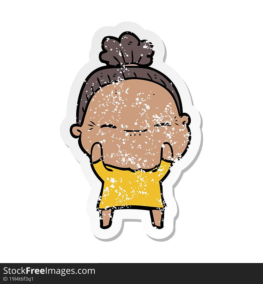 distressed sticker of a cartoon peaceful old woman