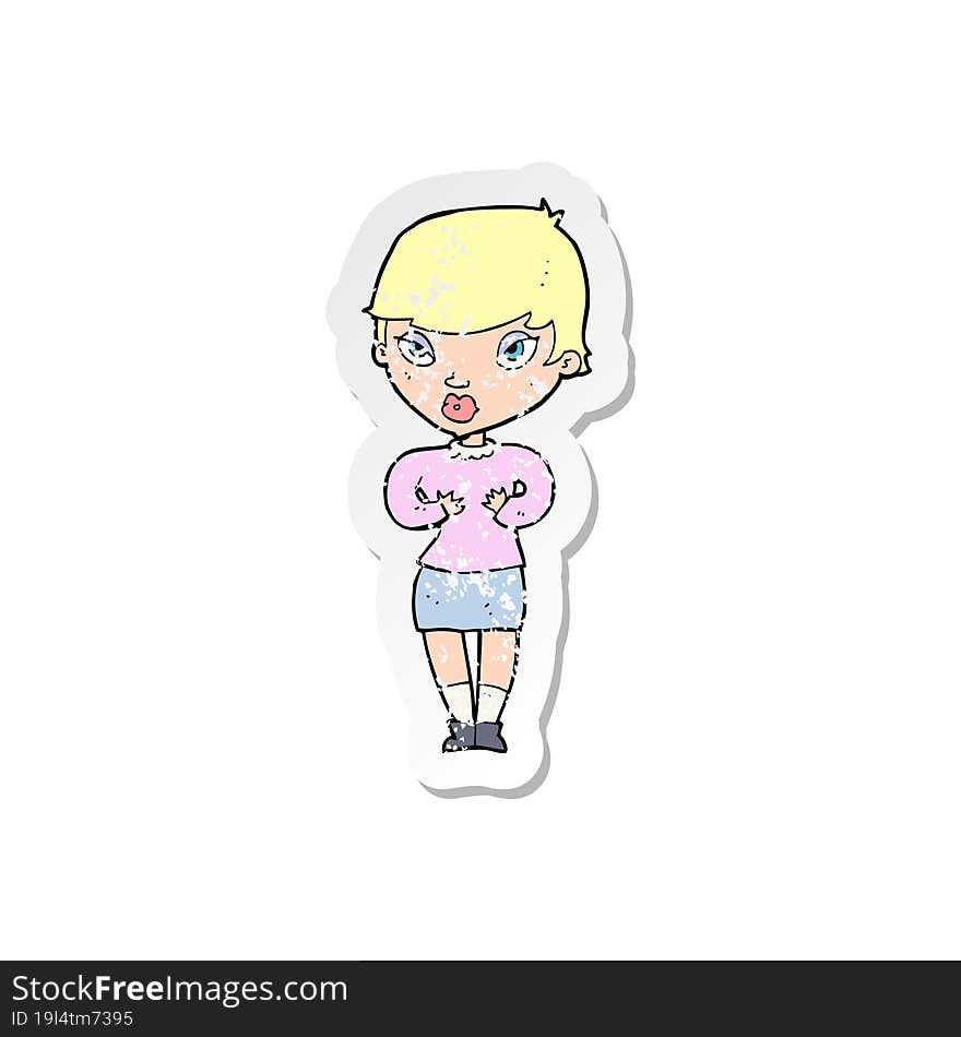 retro distressed sticker of a cartoon woman gesturing at self