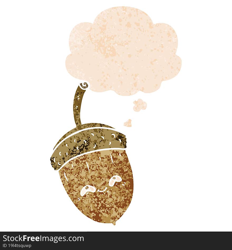 cartoon acorn and thought bubble in retro textured style