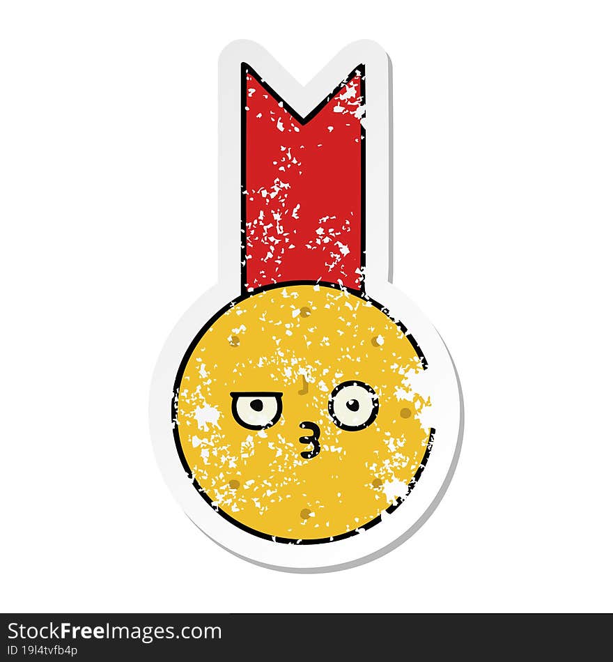 distressed sticker of a cute cartoon gold medal