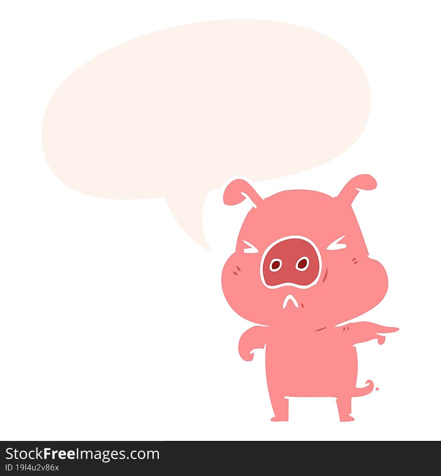 cartoon angry pig pointing and speech bubble in retro style