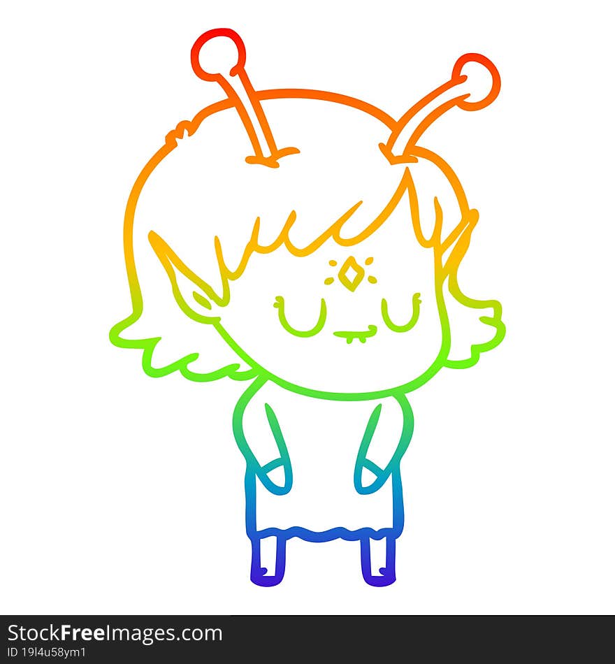 rainbow gradient line drawing of a cartoon alien girl