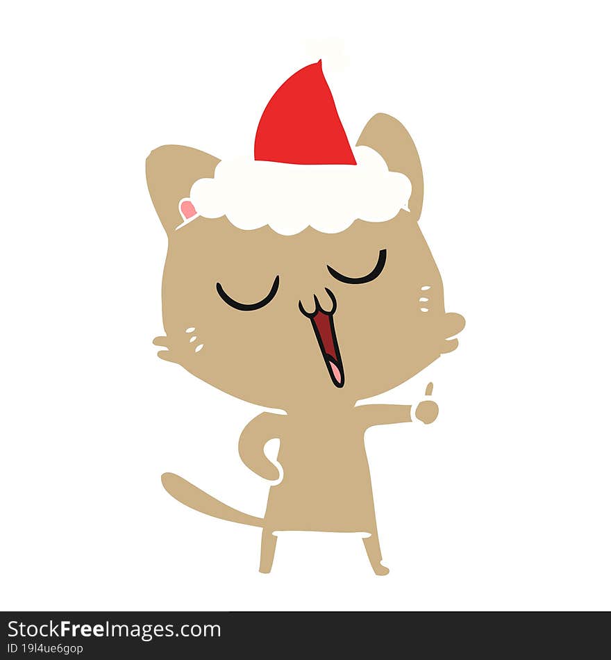 flat color illustration of a cat singing wearing santa hat