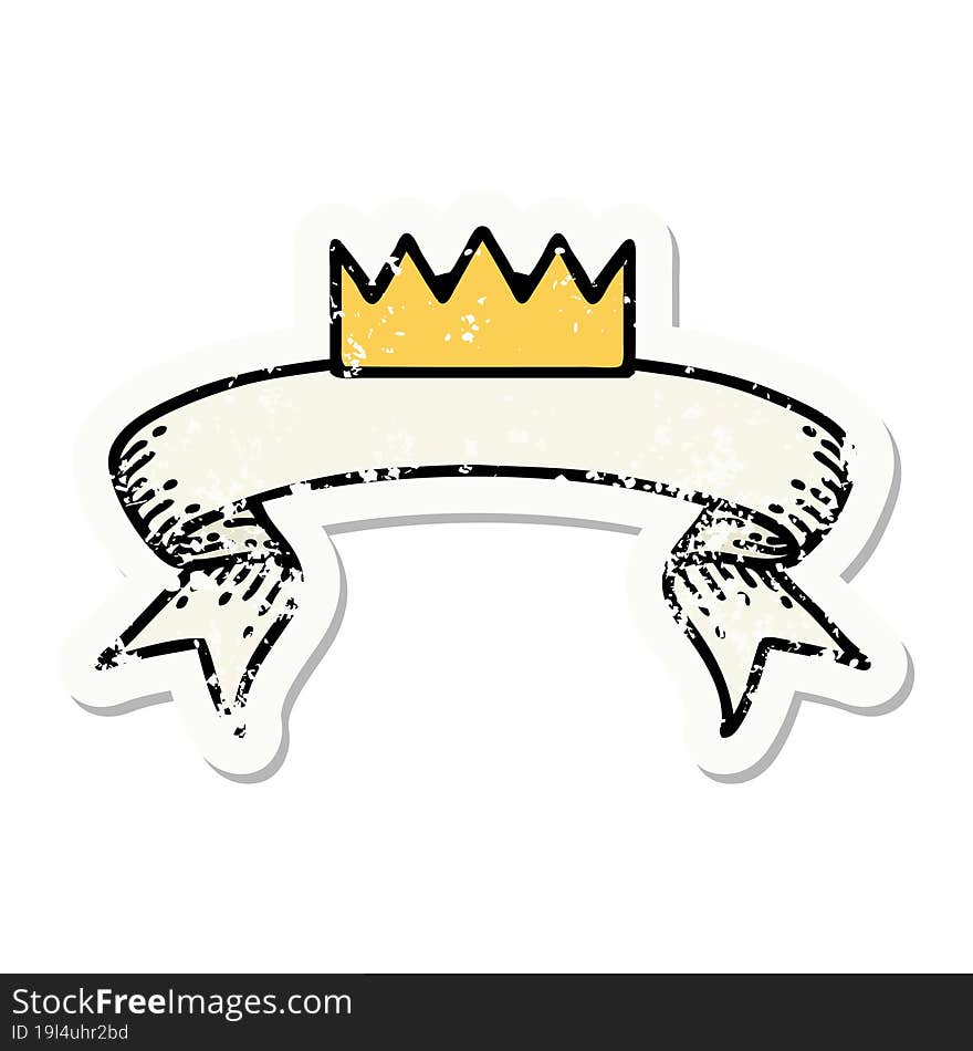 grunge sticker with banner of a crown