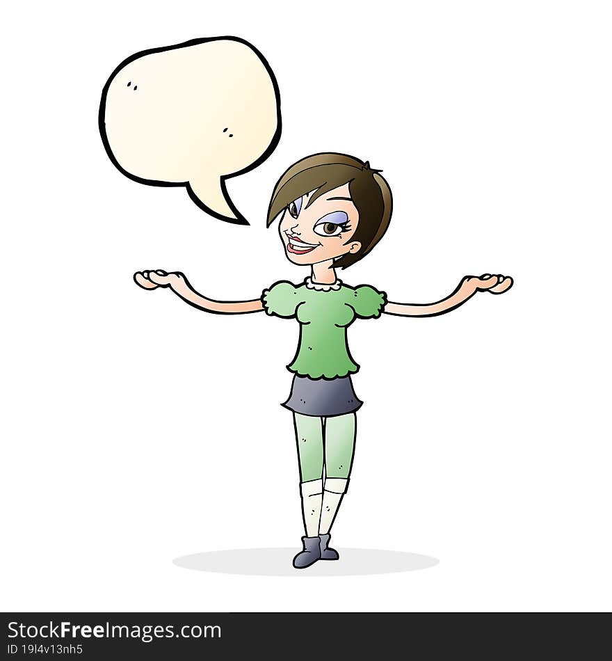 cartoon woman making open arm gesture with speech bubble