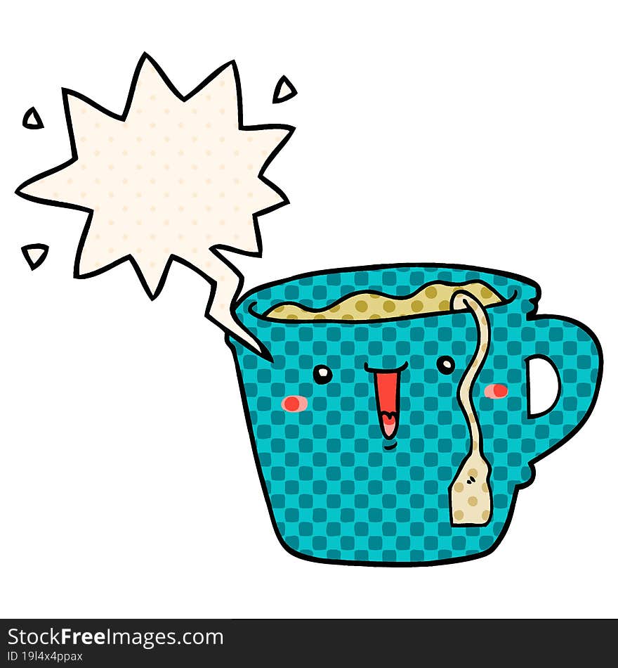 cute cartoon coffee cup and speech bubble in comic book style