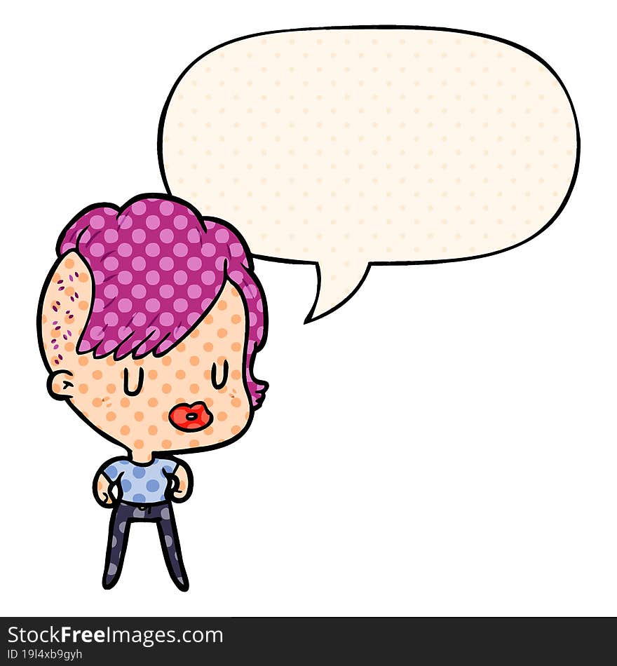 cartoon girl and punk hipster haircut and speech bubble in comic book style