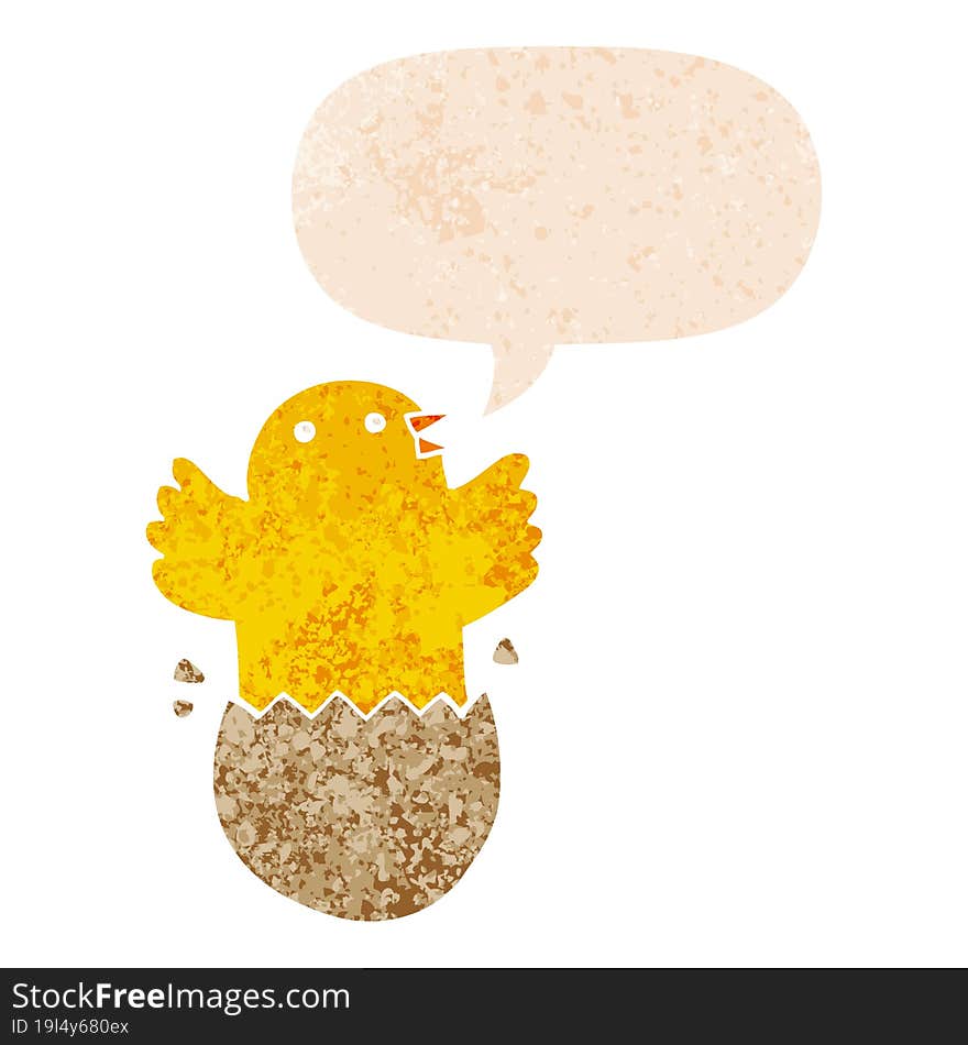 cartoon hatching bird and speech bubble in retro textured style