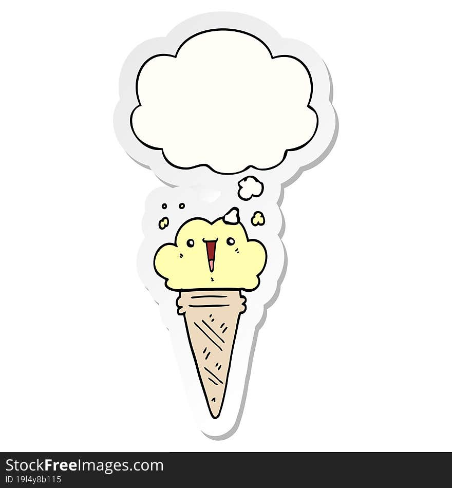 cartoon ice cream with face with thought bubble as a printed sticker