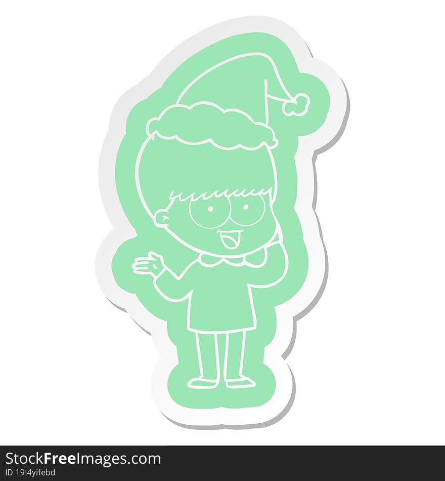 happy cartoon  sticker of a boy wearing santa hat