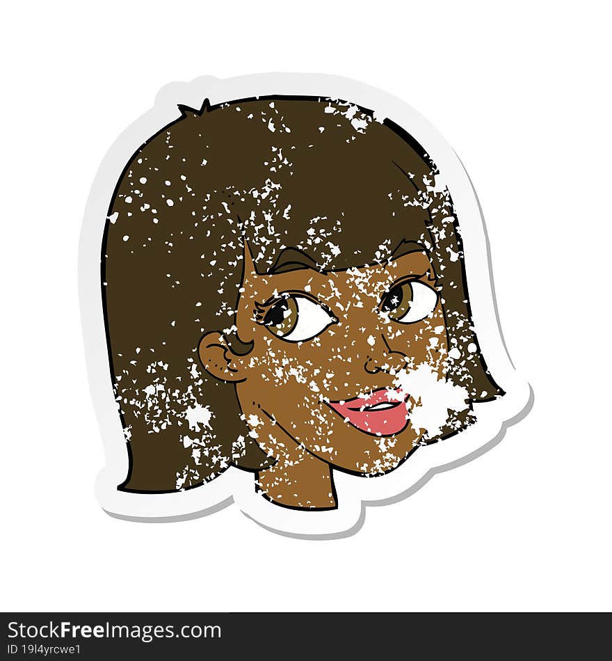 retro distressed sticker of a cartoon happy female face