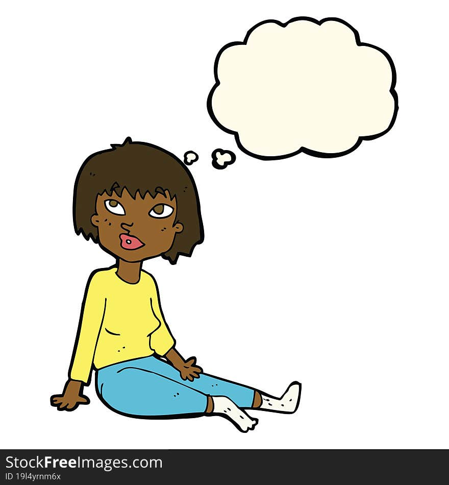 cartoon woman sitting on floor with thought bubble