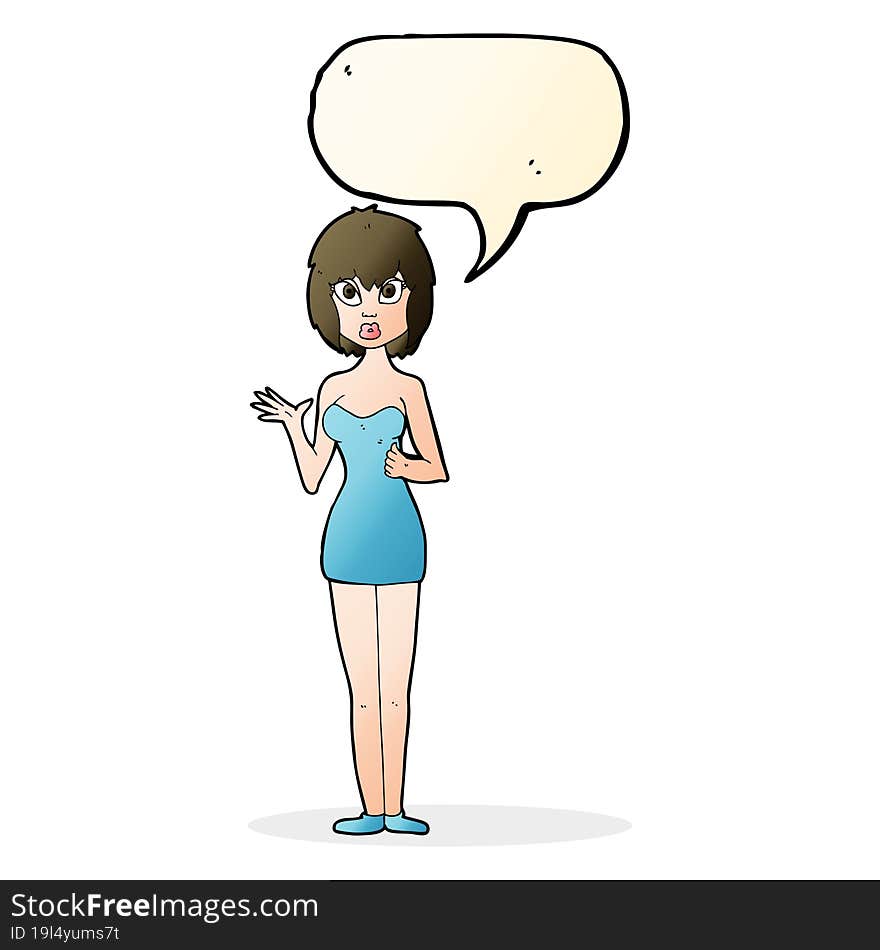 Cartoon Confused Woman In Cocktail Dress With Speech Bubble