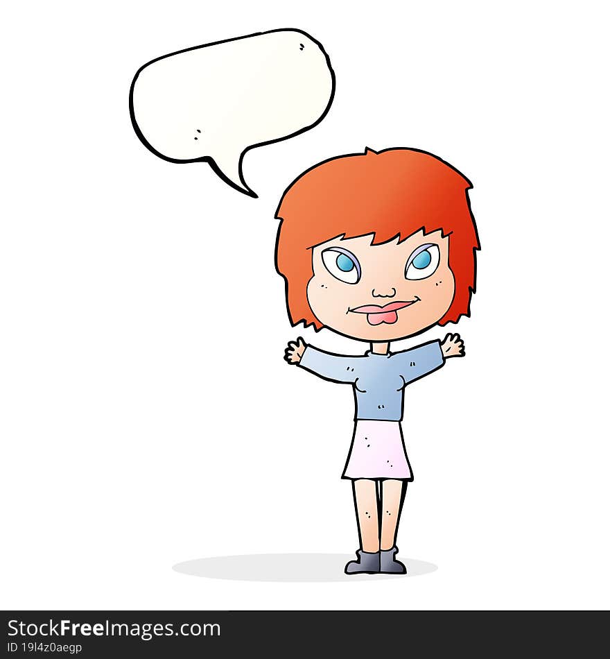 cartoon woman waving arms with speech bubble