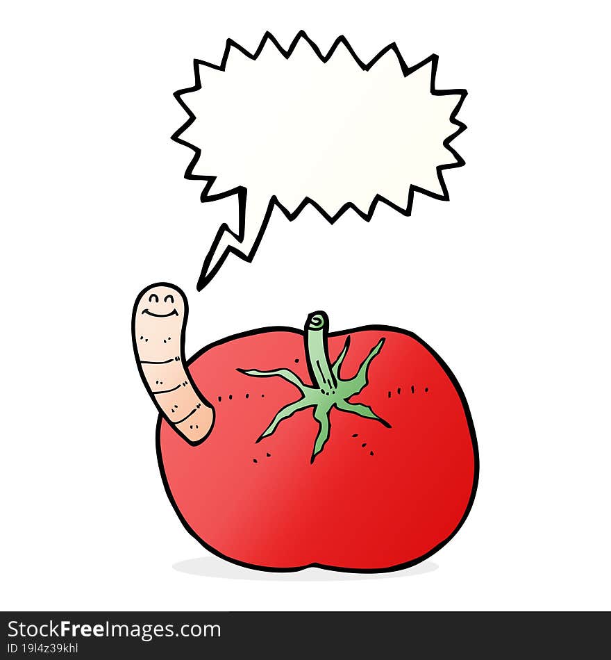 Cartoon Tomato With Worm With Speech Bubble