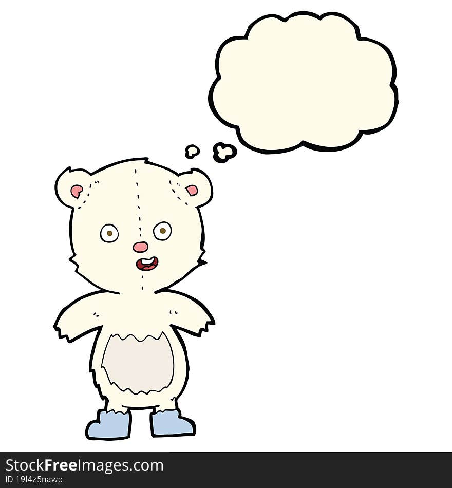 cartoon happy teddy bear in boots with thought bubble