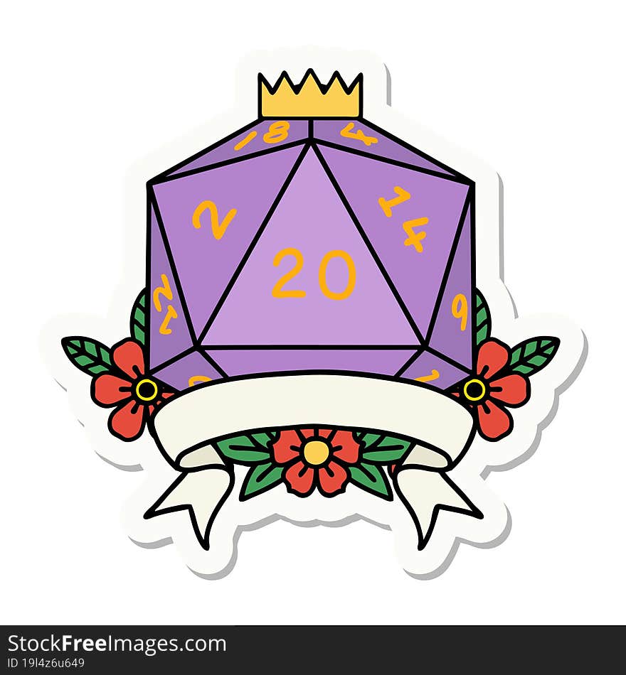 sticker of a natural 20 critical hit D20 dice roll. sticker of a natural 20 critical hit D20 dice roll