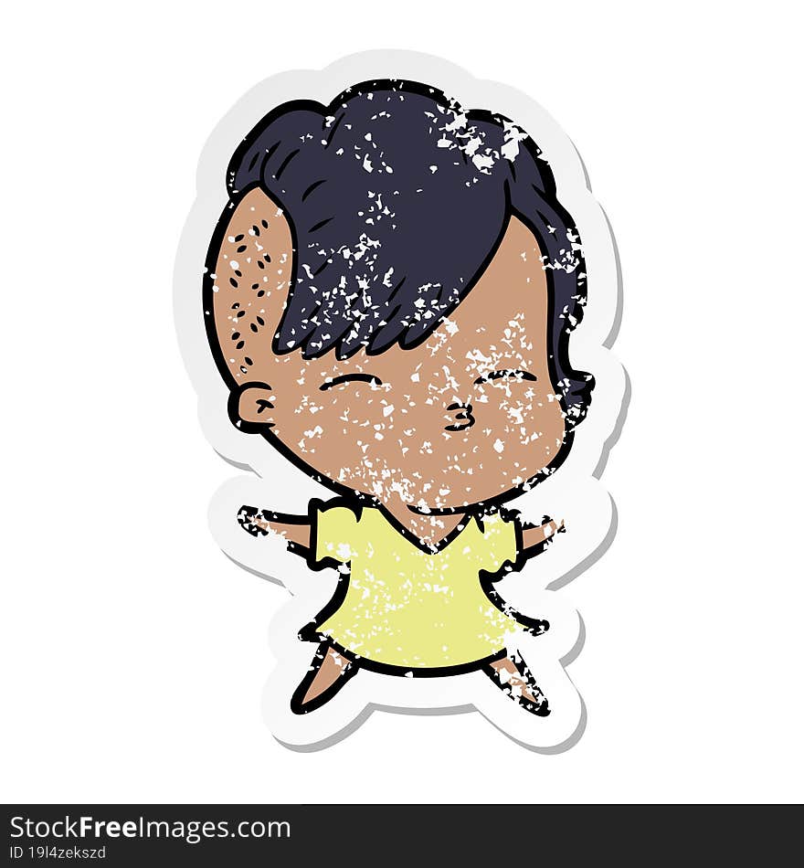 distressed sticker of a cartoon squinting girl