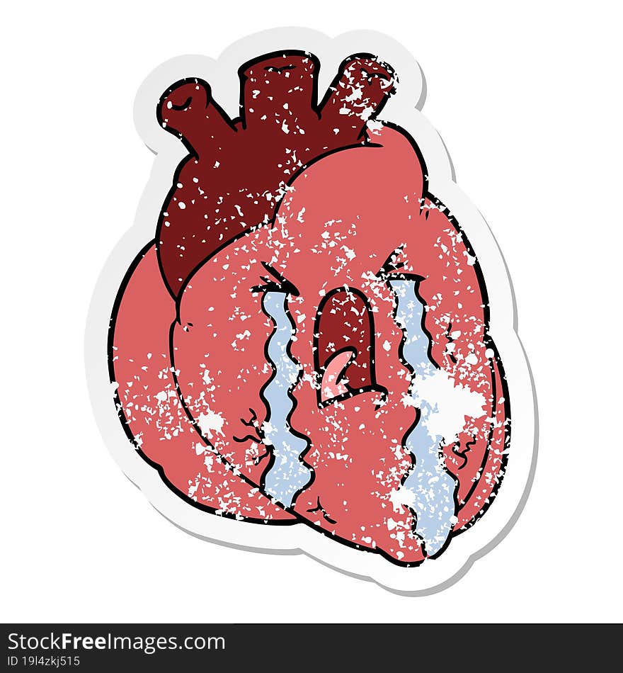 distressed sticker of a cartoon heart crying