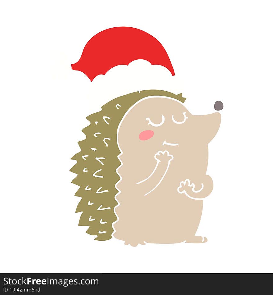 flat color style cartoon hedgehog wearing christmas hat