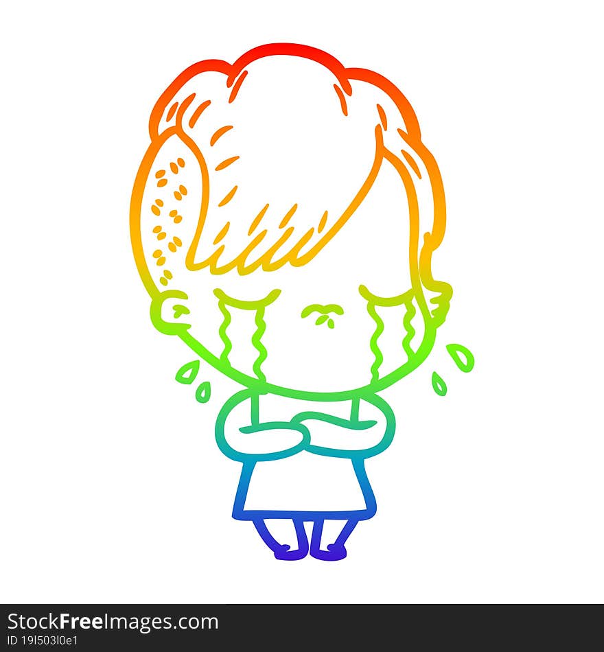 rainbow gradient line drawing of a cartoon crying girl