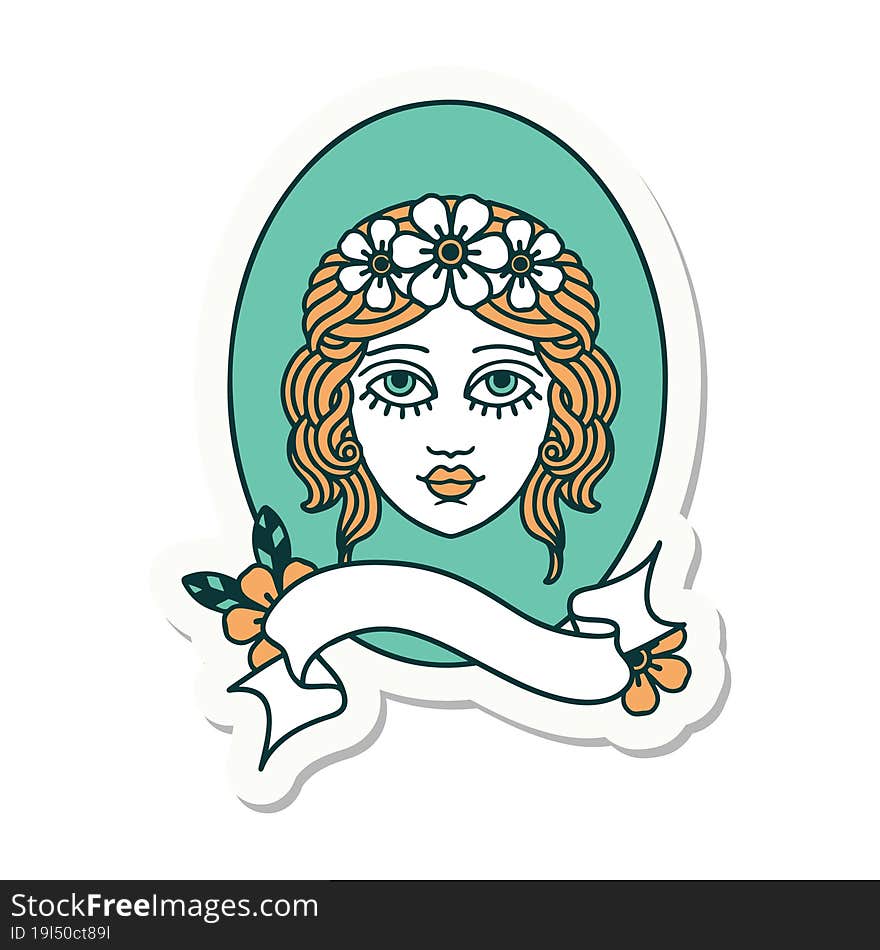 tattoo style sticker with banner of a maiden with flowers in her hair. tattoo style sticker with banner of a maiden with flowers in her hair