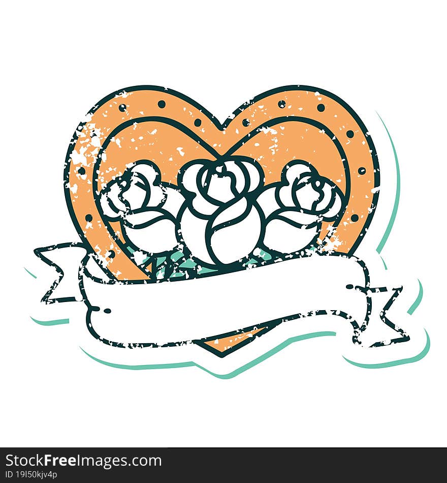 iconic distressed sticker tattoo style image of a heart and banner with flowers. iconic distressed sticker tattoo style image of a heart and banner with flowers