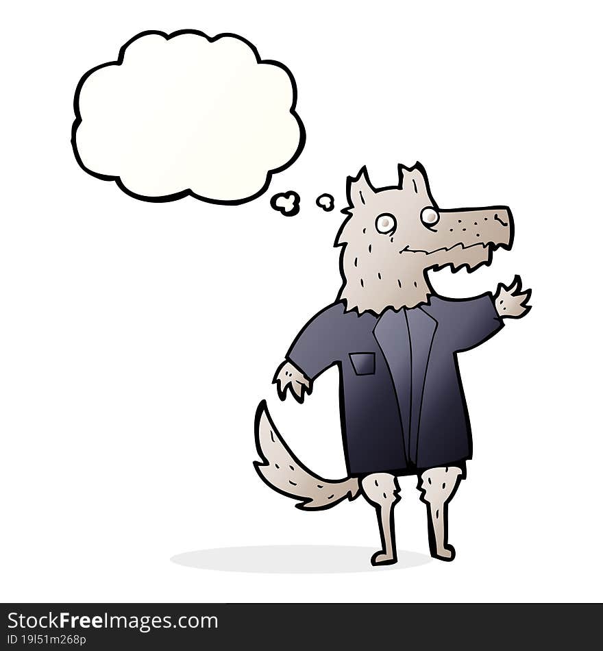 cartoon wolf businessman with thought bubble