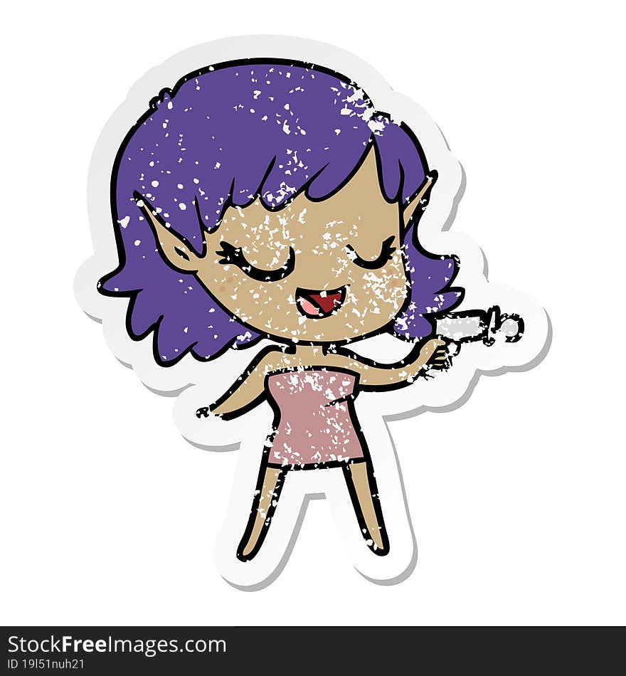 Distressed Sticker Of A Happy Cartoon Space Girl With Ray Gun