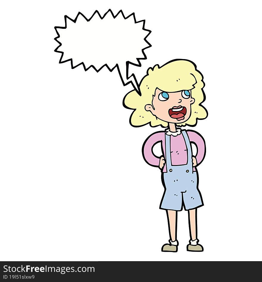 cartoon woman in dungarees with speech bubble