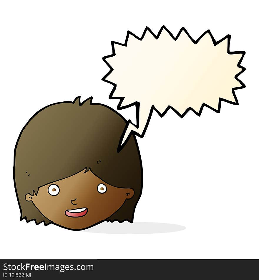 cartoon happy female face with speech bubble