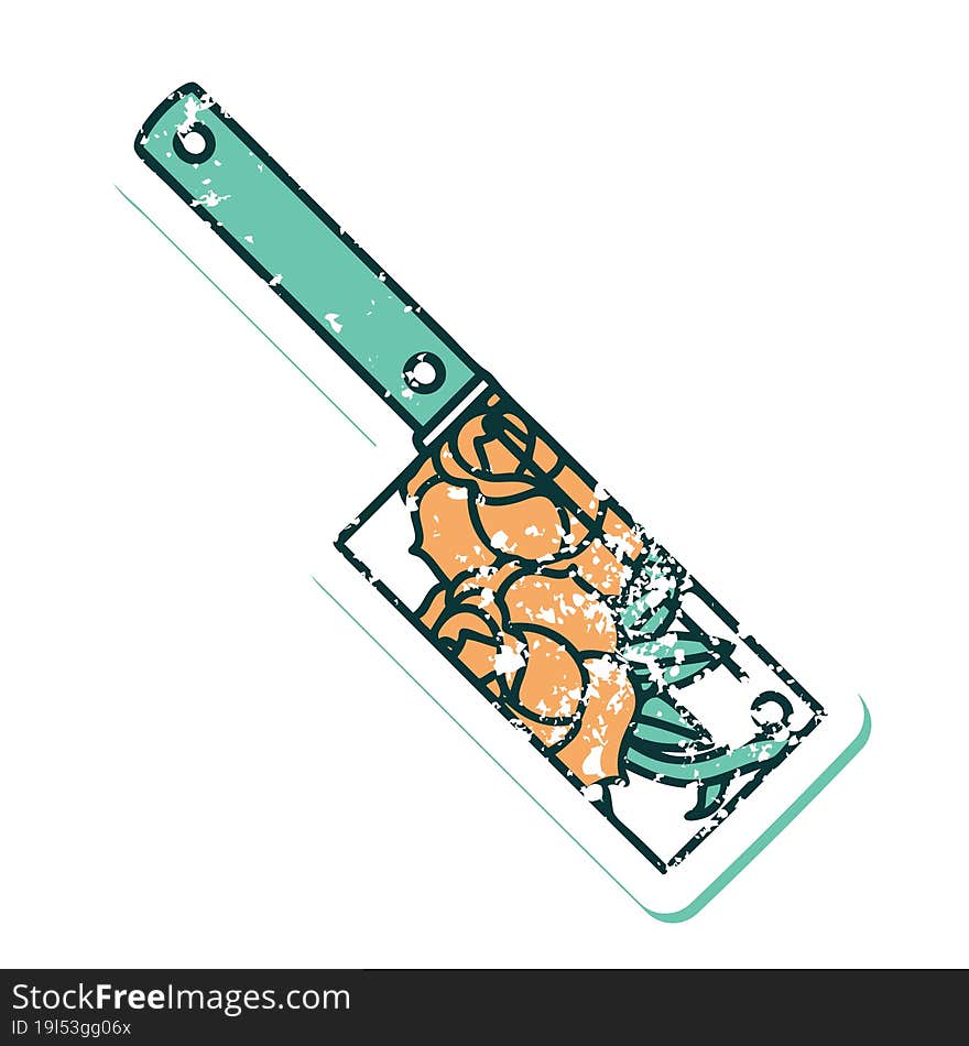 distressed sticker tattoo style icon of a cleaver and flowers