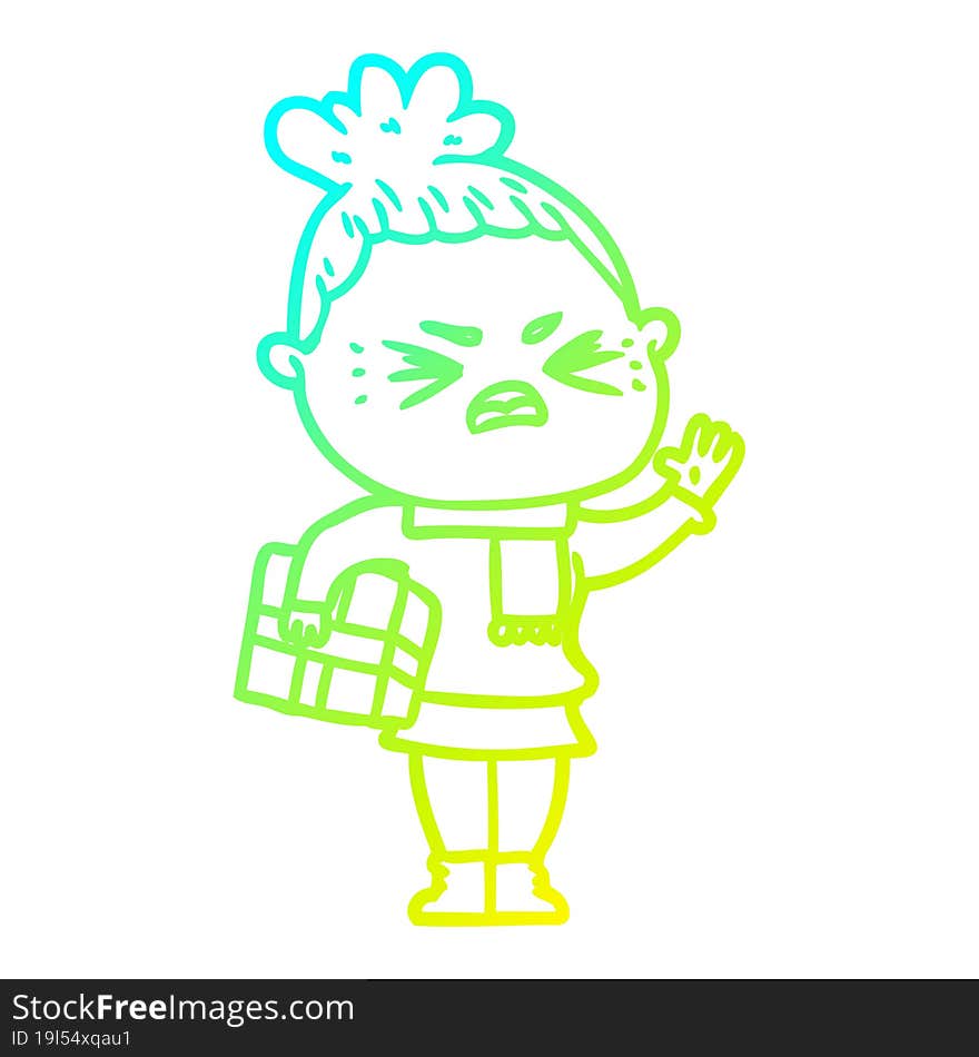 cold gradient line drawing of a cartoon angry woman