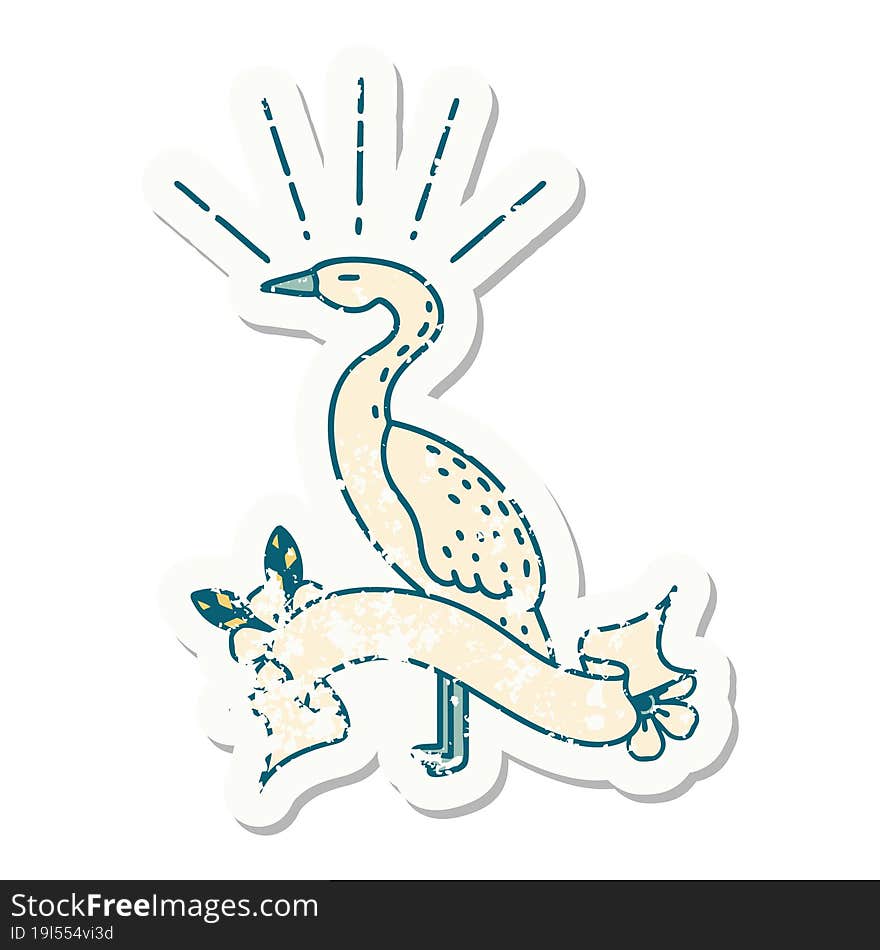 grunge sticker of tattoo style standing stork