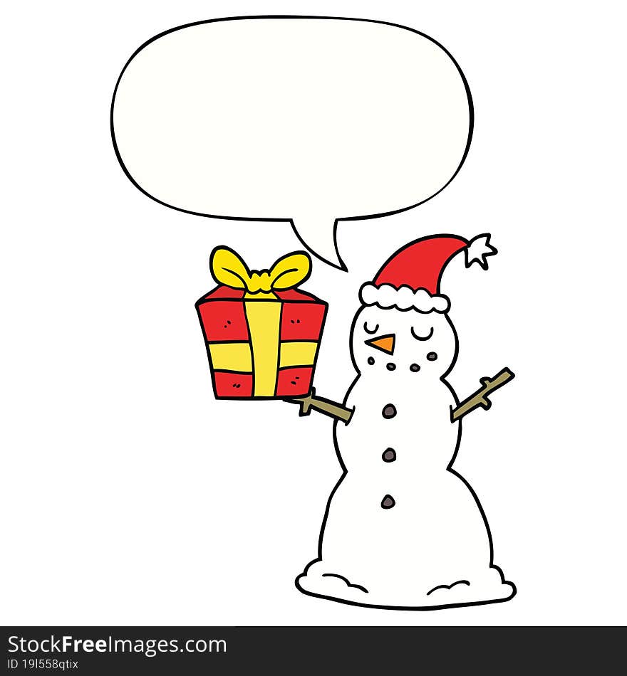 cartoon snowman and present and speech bubble