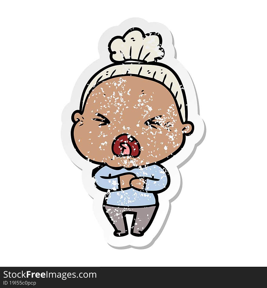 distressed sticker of a cartoon angry old woman