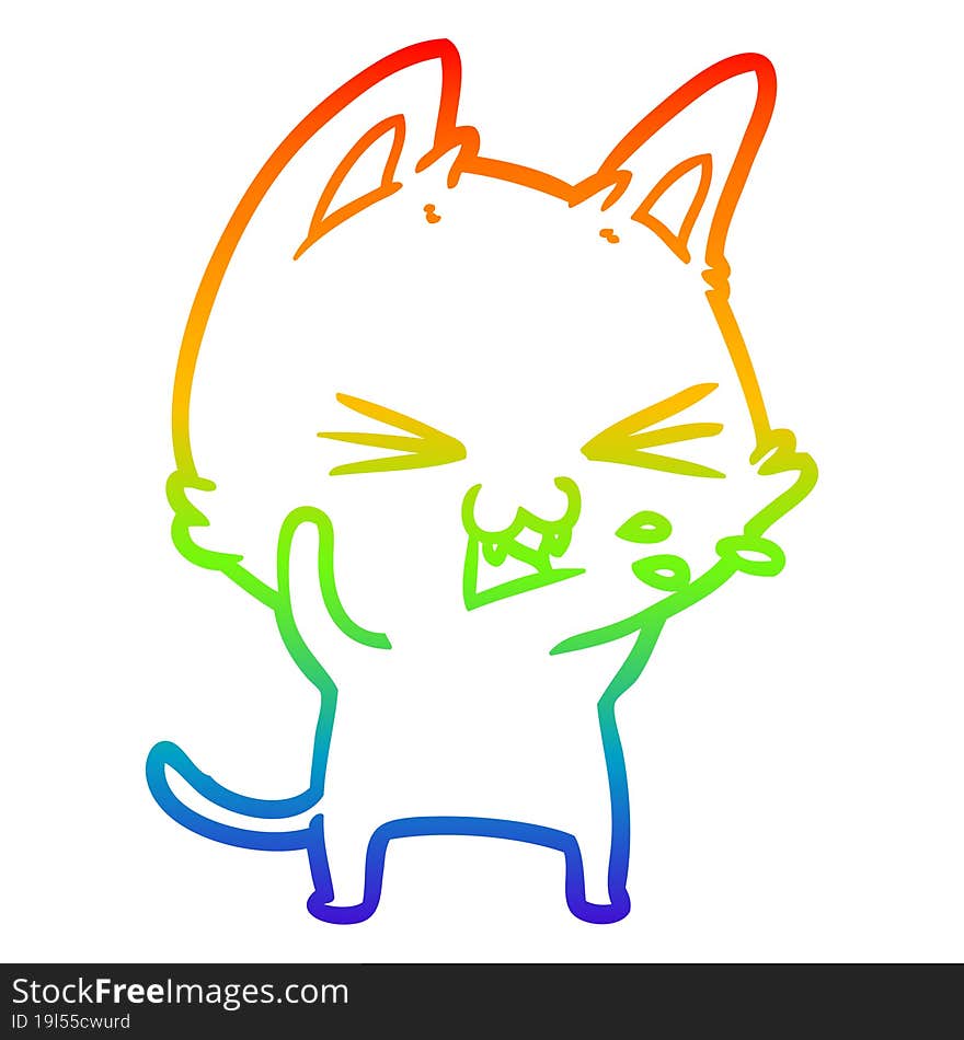 rainbow gradient line drawing of a cartoon cat hissing