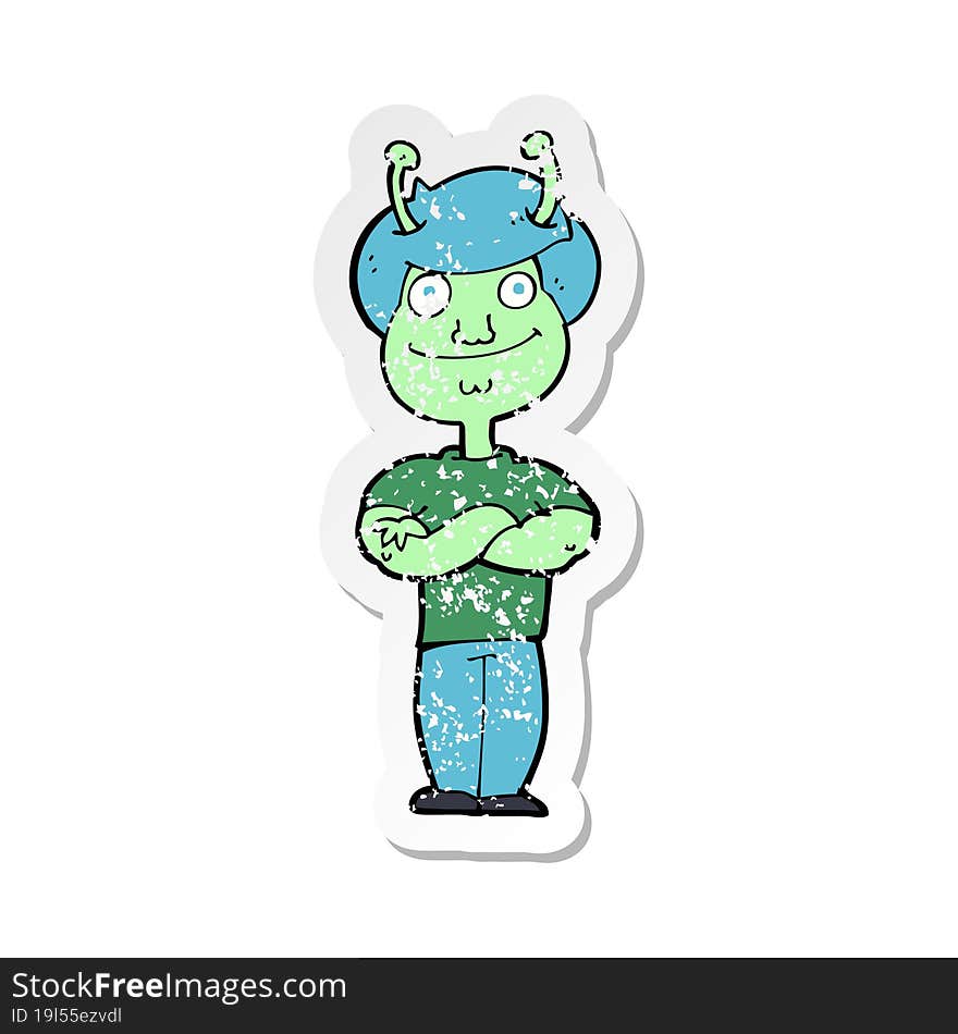 retro distressed sticker of a cartoon space alien