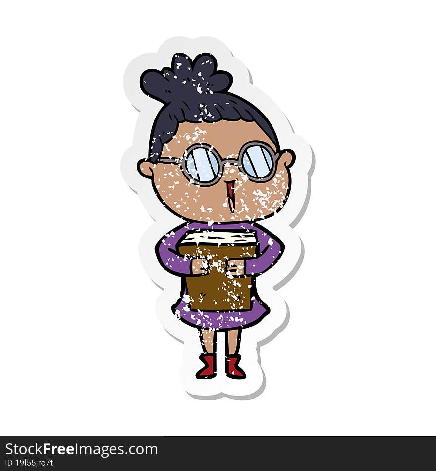 distressed sticker of a cartoon woman wearing spectacles