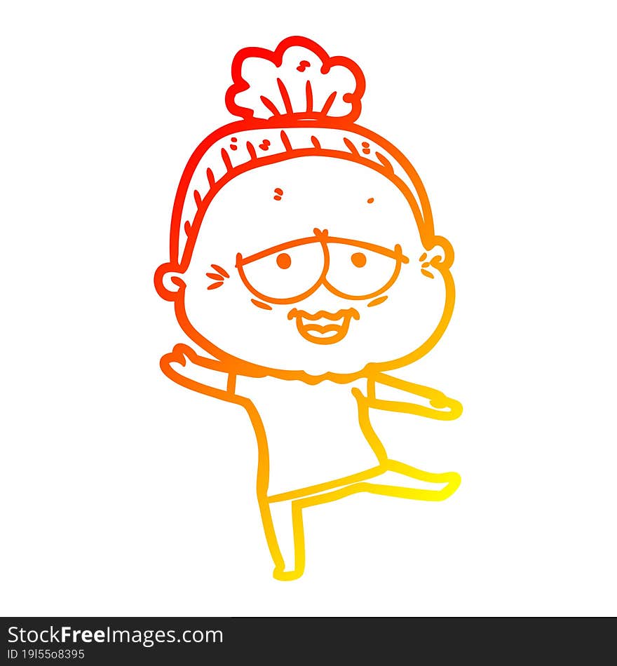 warm gradient line drawing of a cartoon happy old lady