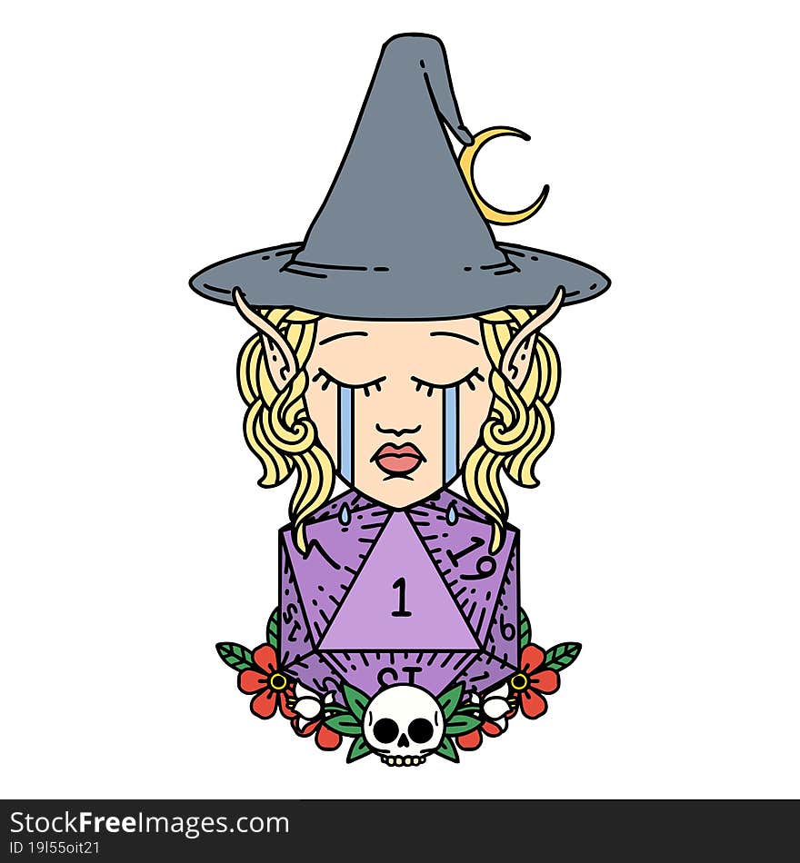 crying elf witch with natural one D20 roll illustration