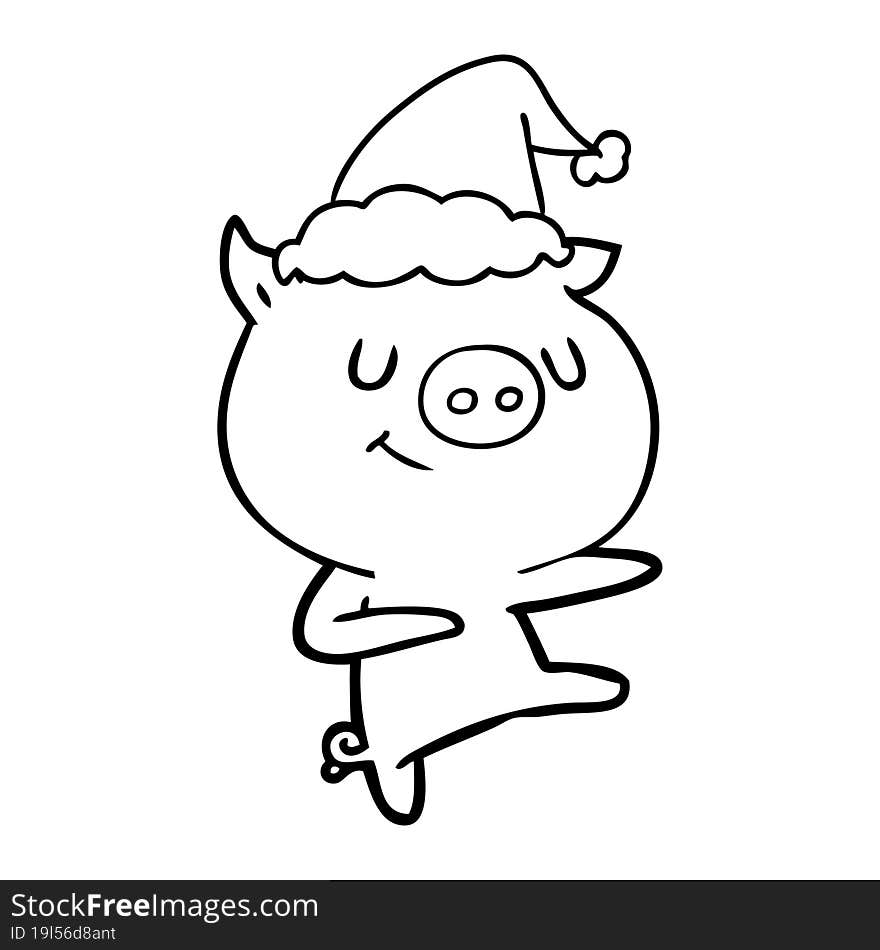 happy line drawing of a pig dancing wearing santa hat