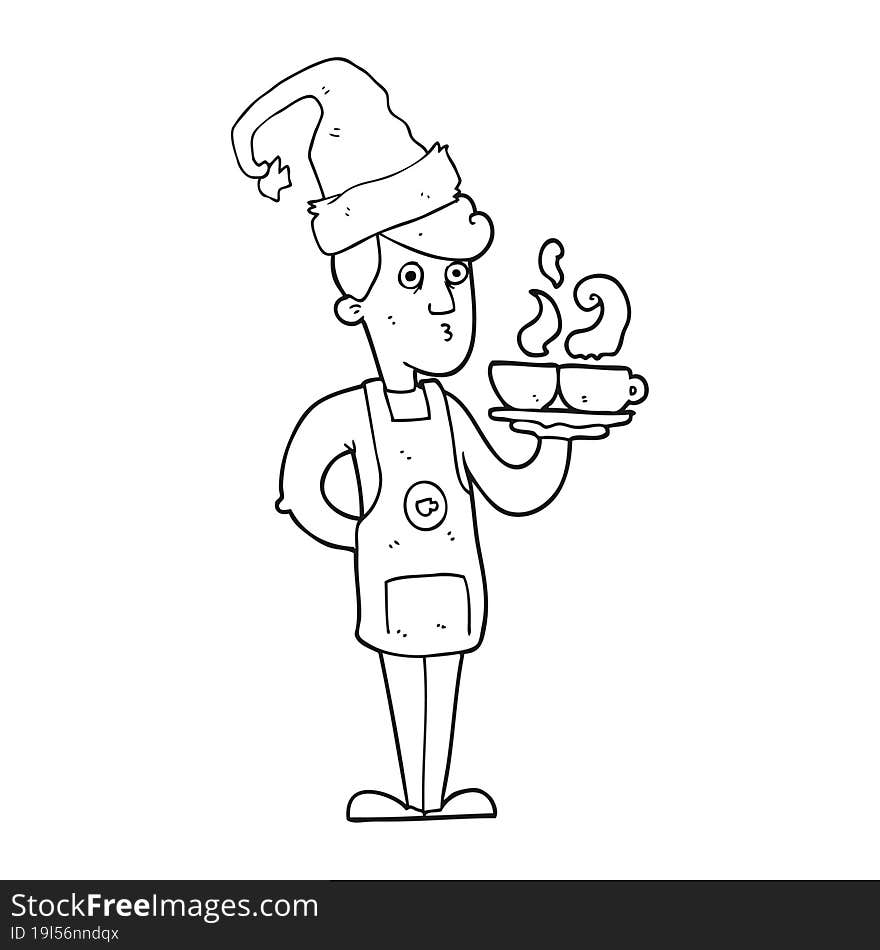 freehand drawn black and white cartoon barista serving coffee at christmas